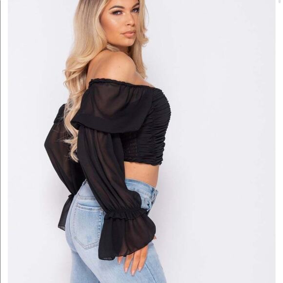 NWT Parisian Off Shoulder Ruched Sheer Top Womens 8 Black Romantic Coquette - Picture 5 of 5
